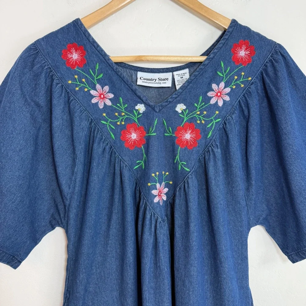 Country Store Embroidered Denim Dress‎ Size M Midi Boho Prairie Cottagecore